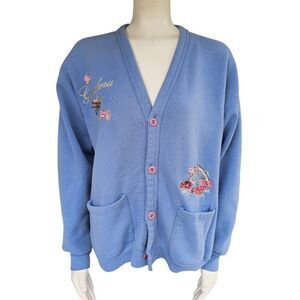 Vintage B-Wear Grandma Embroidered Cardigan Blue Button Sweater Women’s L USA